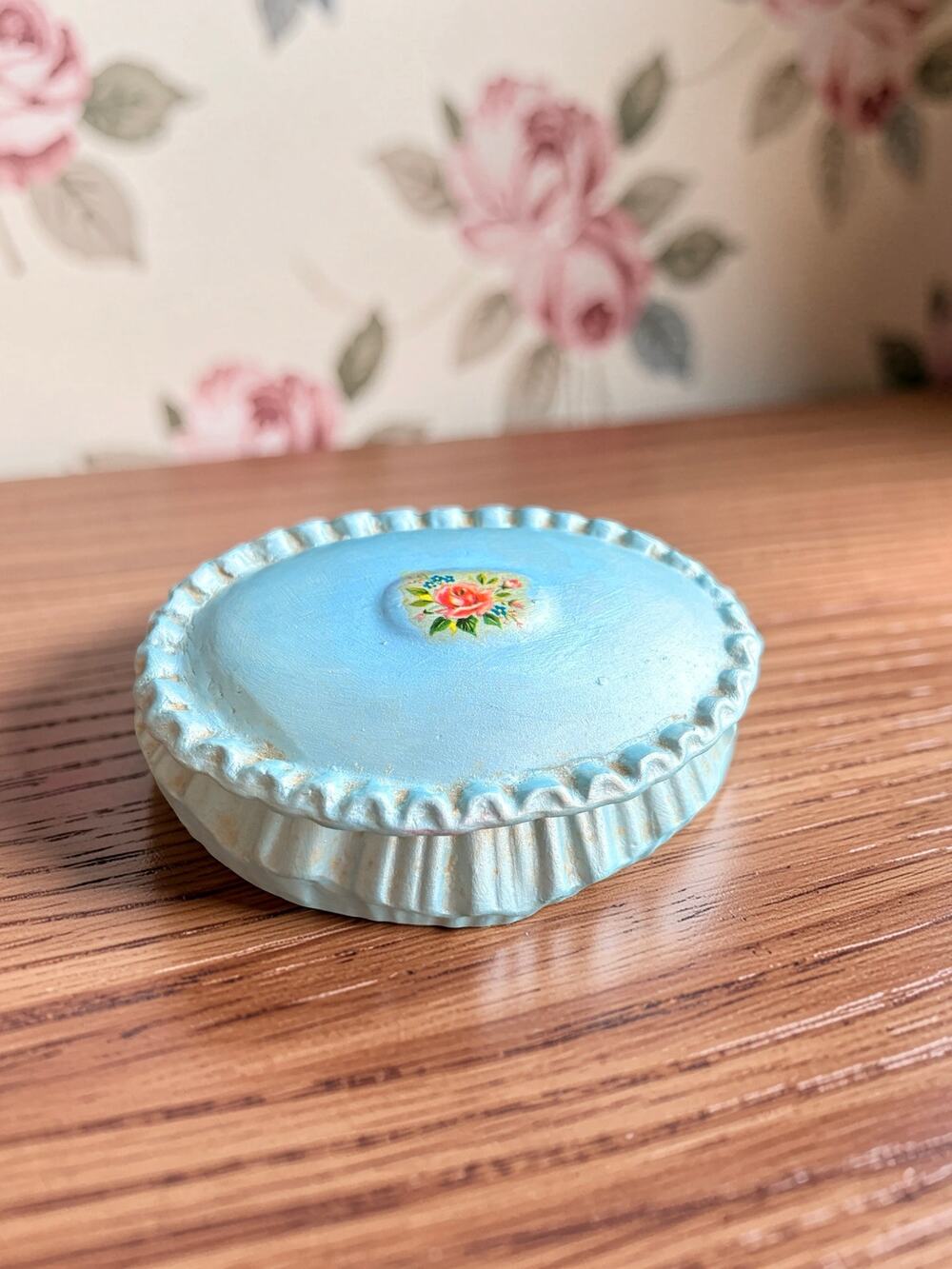 Vintage Handmade Blue Floral Trinket Box Green Felt Lined Cottagecore Vanity